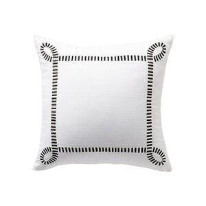 Anthropologie Black‎ Embroidered Trim White Cotton Decorative Pillow Cover 18x18